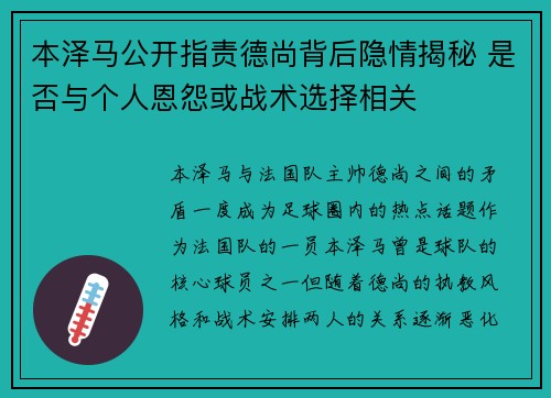本泽马公开指责德尚背后隐情揭秘 是否与个人恩怨或战术选择相关