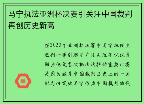 马宁执法亚洲杯决赛引关注中国裁判再创历史新高